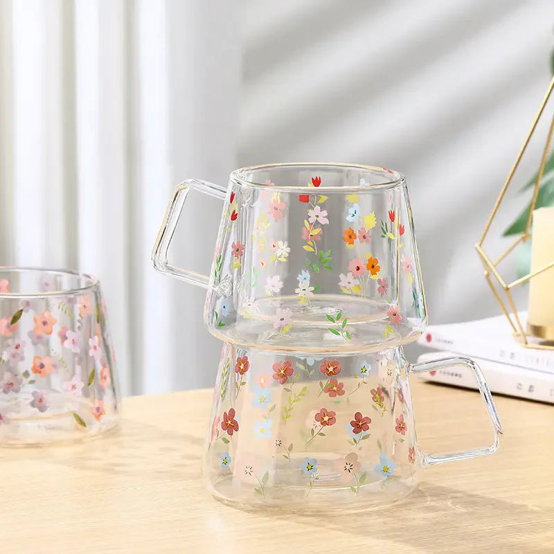 400ml Double Wall Glass Cup with Handle Dried Flower Decorated Coffee Cup Milk Mug Heat Resistant Tea House Kitchen Lazzy Cup