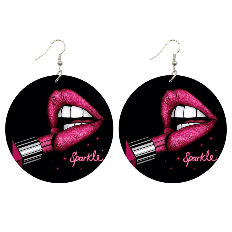 Love Lips Comic Wooden Drop Earrings Vintage Large Loops Pendant Dangle Earring Jewelry Both Sides Print for Women Gifts