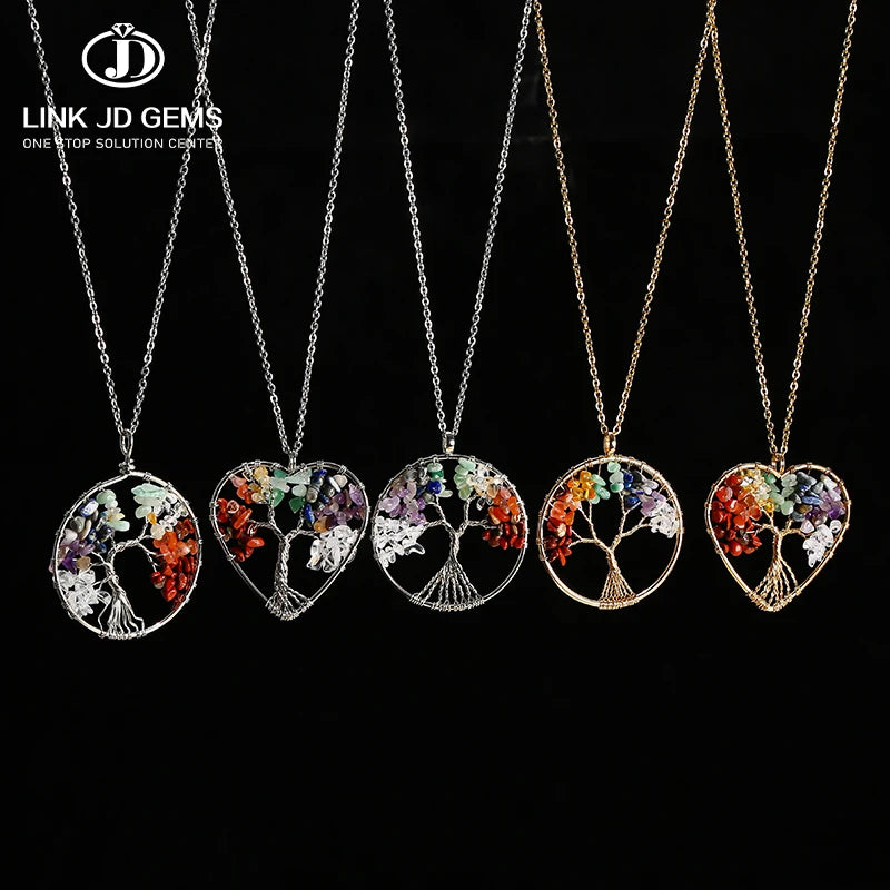 JD Characteristic Design Jewelry Seven Chakras Gravel Life Tree Necklace Model Copper Natural Stone Life Tree Shape Necklace