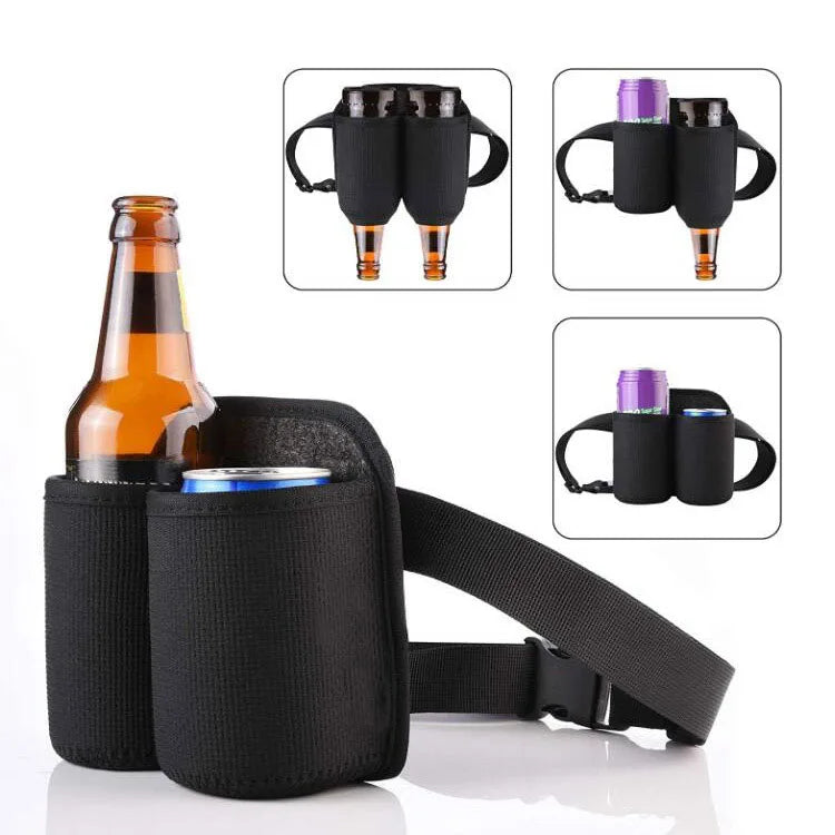 Custom Logo Neoprene Cooler Bag 2 Bottles Beer Holster with Belt Strap and Buckle Waist Carrier Drink Holder Bag