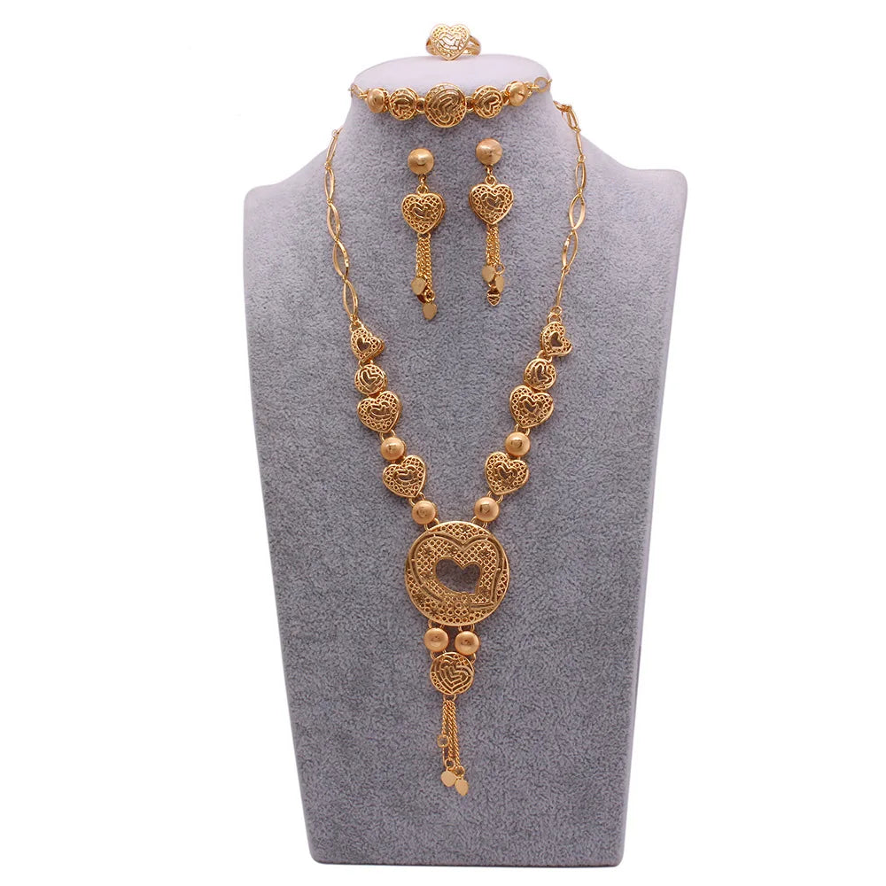 African Gold Plated Filled Jewelry Sets Necklace Earrings Bracelet Ring Bridal Wedding Valentine Jewellery Set Gifts for Women