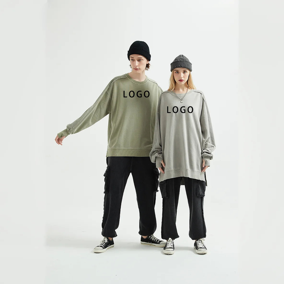 430g Terry Loose Plus Size Sweater Washed Green Retro Street Pullover Unisex Split Bottom Joint Hoodie With Thumb Hole