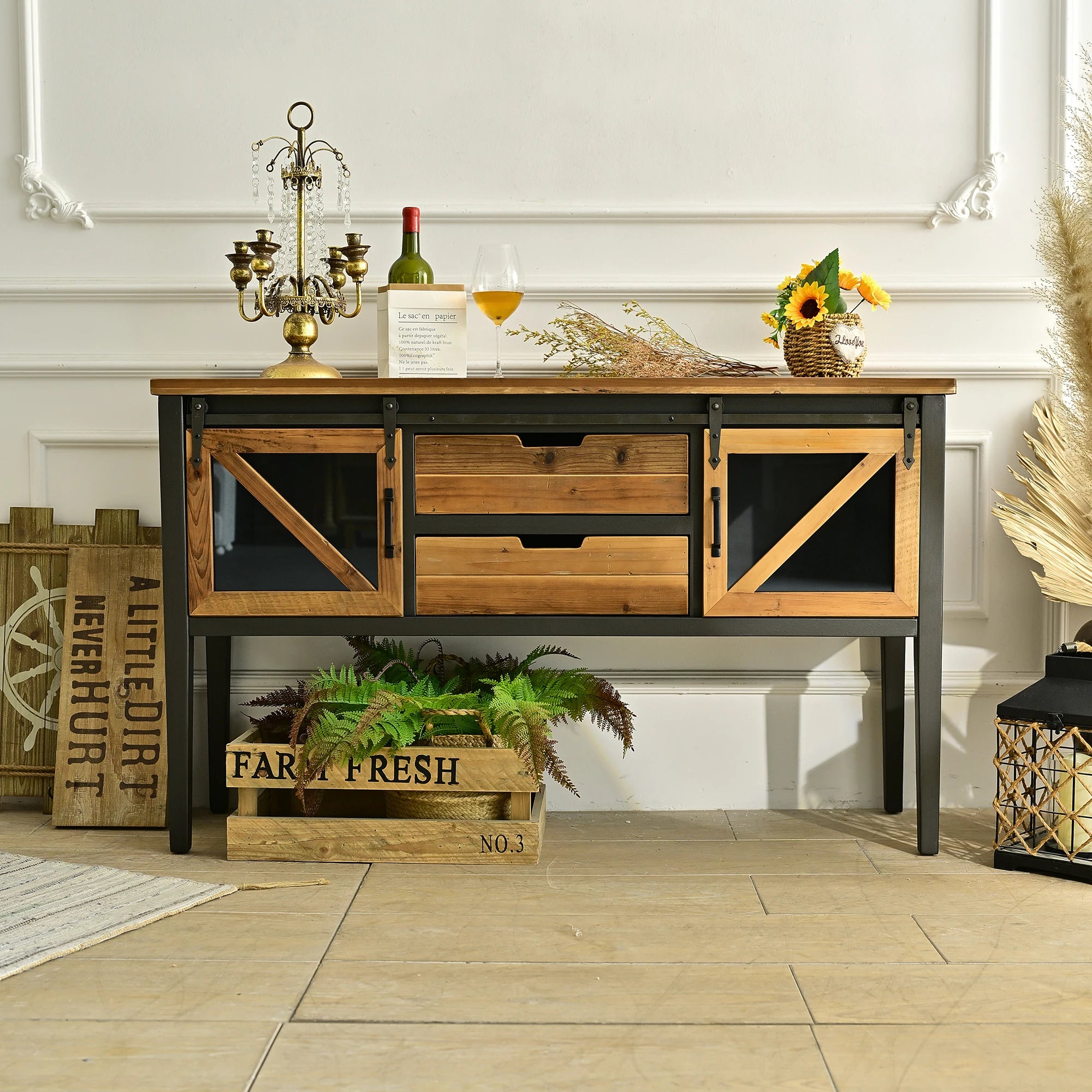 China Living Room Entryway Dining Accent Rustic Solid Wood Storage Drawers Console Table with Wood Top and Iron Legs