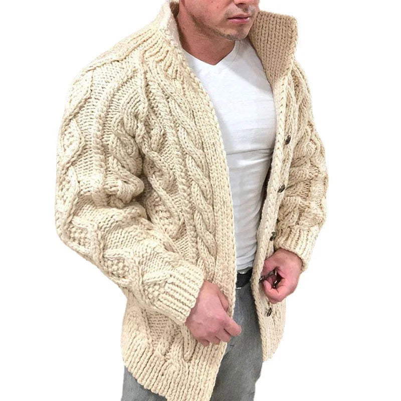 OEM Custom Men Chunky Cable Knit Cardigan High Quality Blend Stand Collar Rib Cuff Long Sleeve Knit Jacket for Vintage Outfit