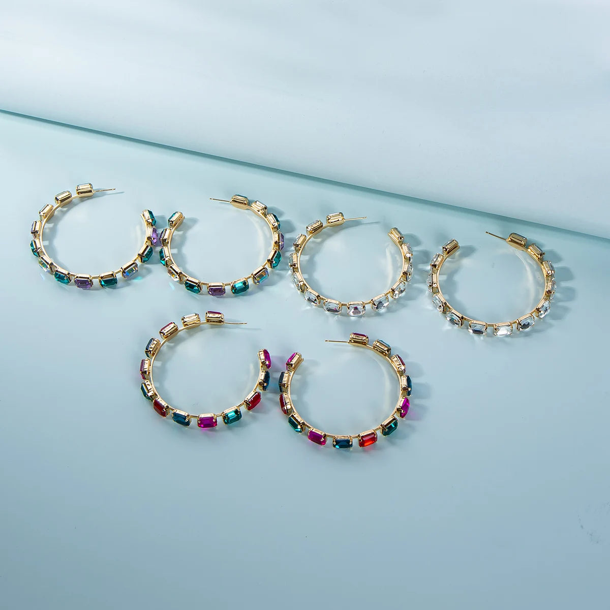 Statement Gold Plated Rainbow Glass Drop Earrings Rhinestone Crystal Square Hoop Earrings for Women