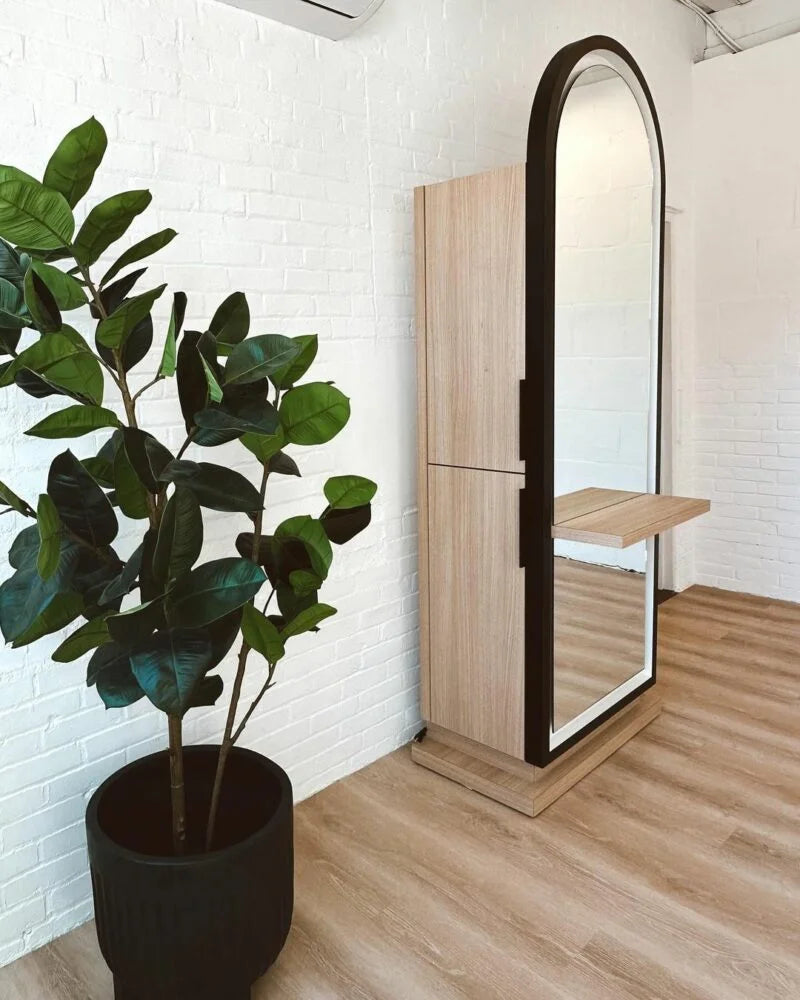 Double Sided Curved Wood Salon Led Mirror Station With Storage