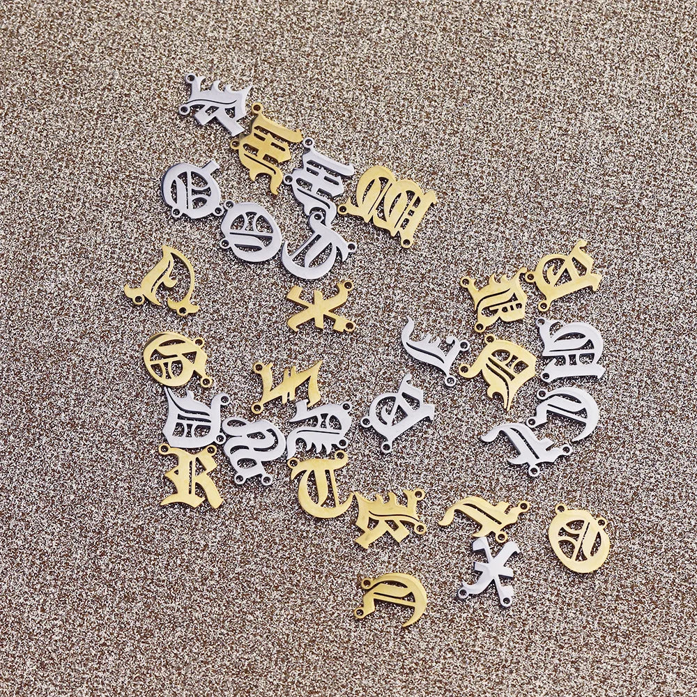 S1173 Double Bail Loops Mini 18k Gold Plated Stainless Steel Gothic Old English Alphabet Initial Letter Charm Pendant