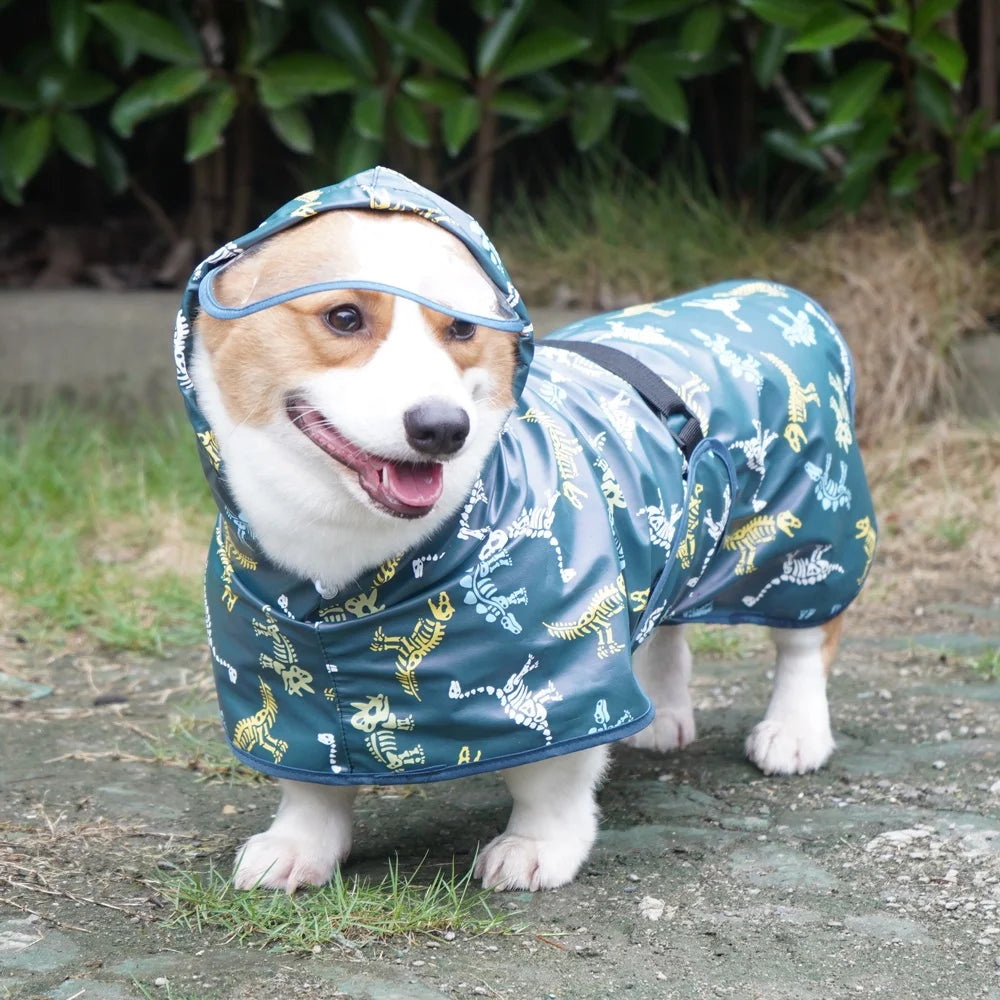 Welsh Corgi Hooded Pet Rain Slicker Waterproof Dog Rain Jacket with Clear Visor Portable Rain Cape with Back Leash Opening