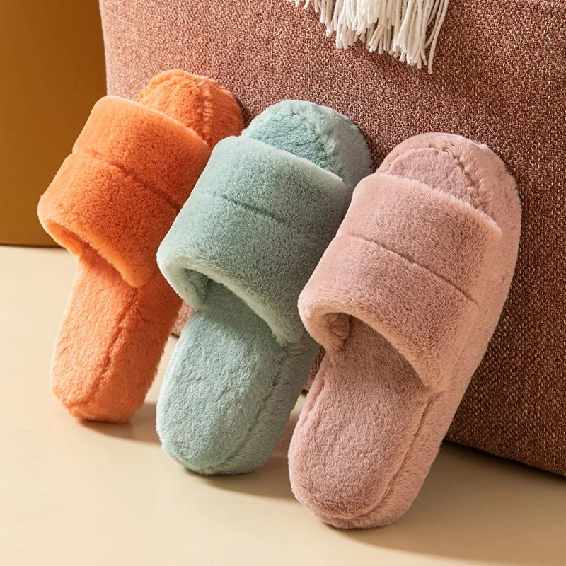Woman Ladies Winter Faux Fur Fluffy Thick Sole Open Toes Home Warm Plush  Indoor Slipper