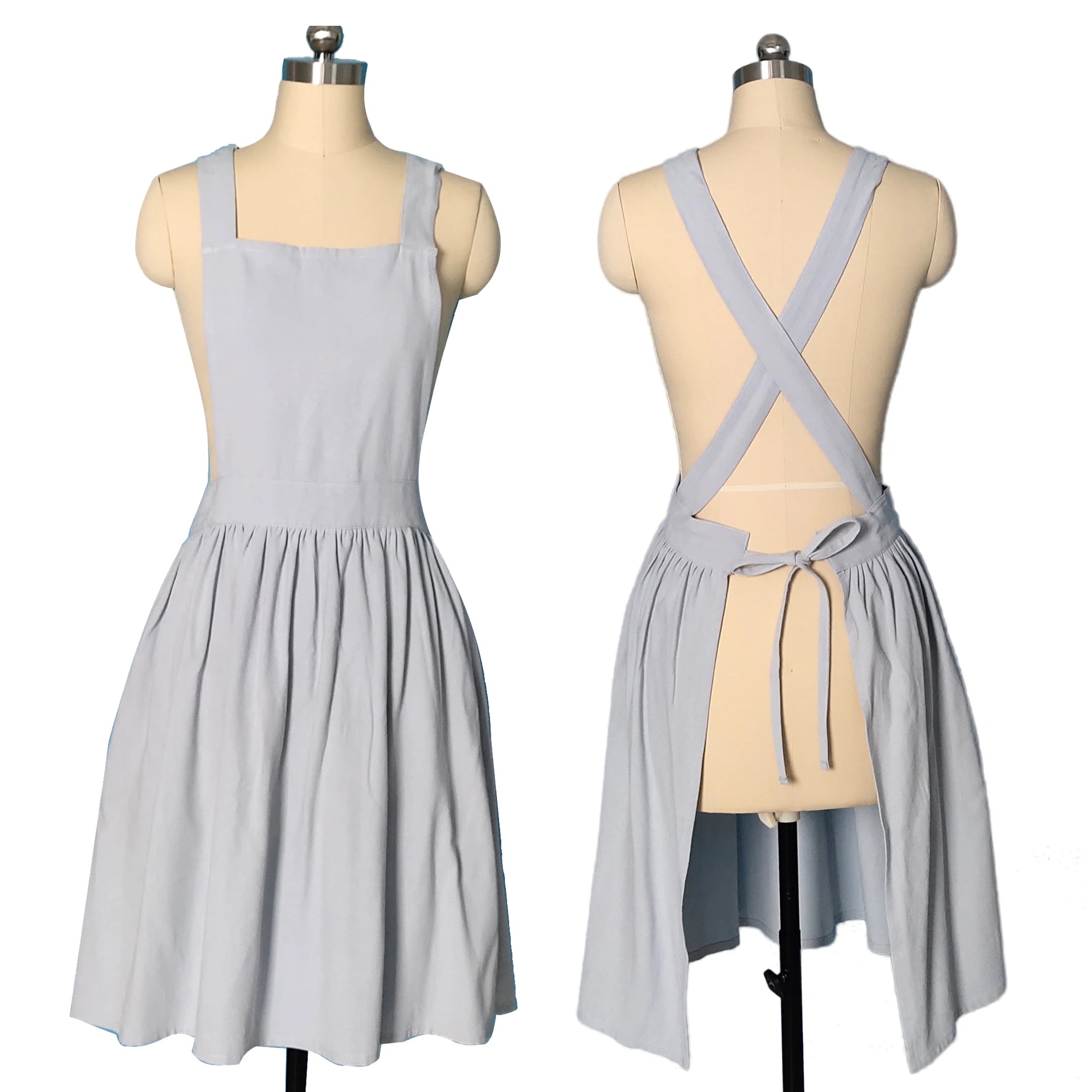 Women's Cross Back Strap Adjustable Waist Bib Apron with Multiple Pockets Charcoal Grey & Sky Blue Linen/Cotton Blend