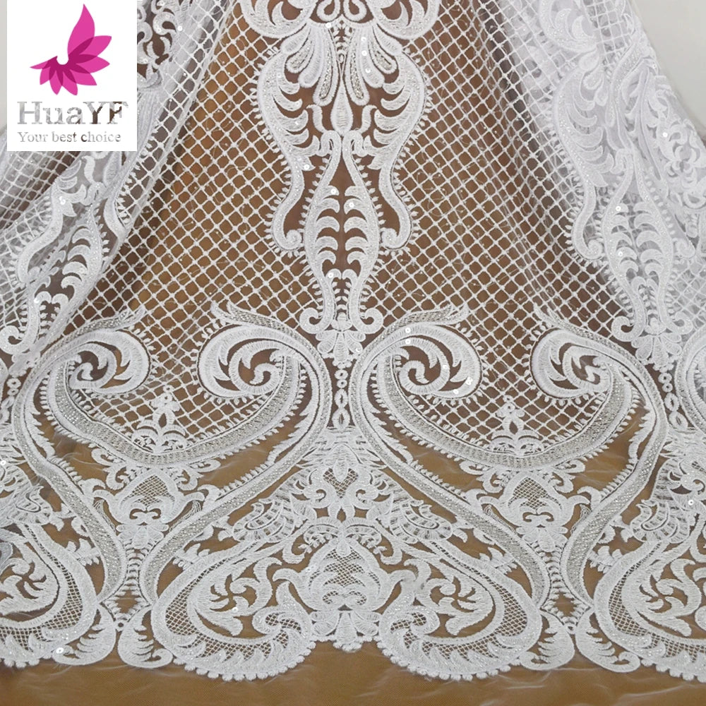 2021 Hot Sale Pure White Color African Bead Lace for 5 Yards for Bridal Wedding Lace Embroidery Classic Pattern HY1520-2