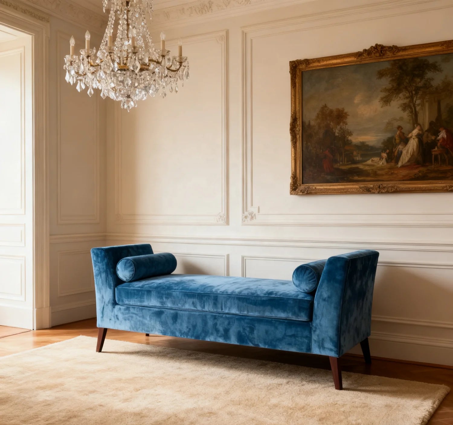 French Luxury Royal Blue Velvet Bedroom Bench
