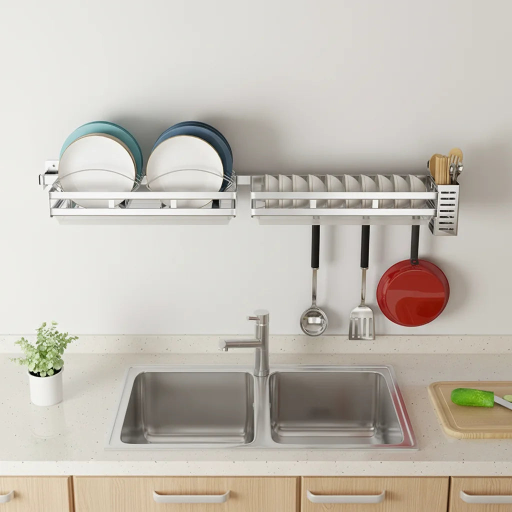 Kichen Organizer Storage Unique Accessories Set Stainless Steel Wall Mounted Shelves Cutlery Holder for Dish Drying Rack Tray