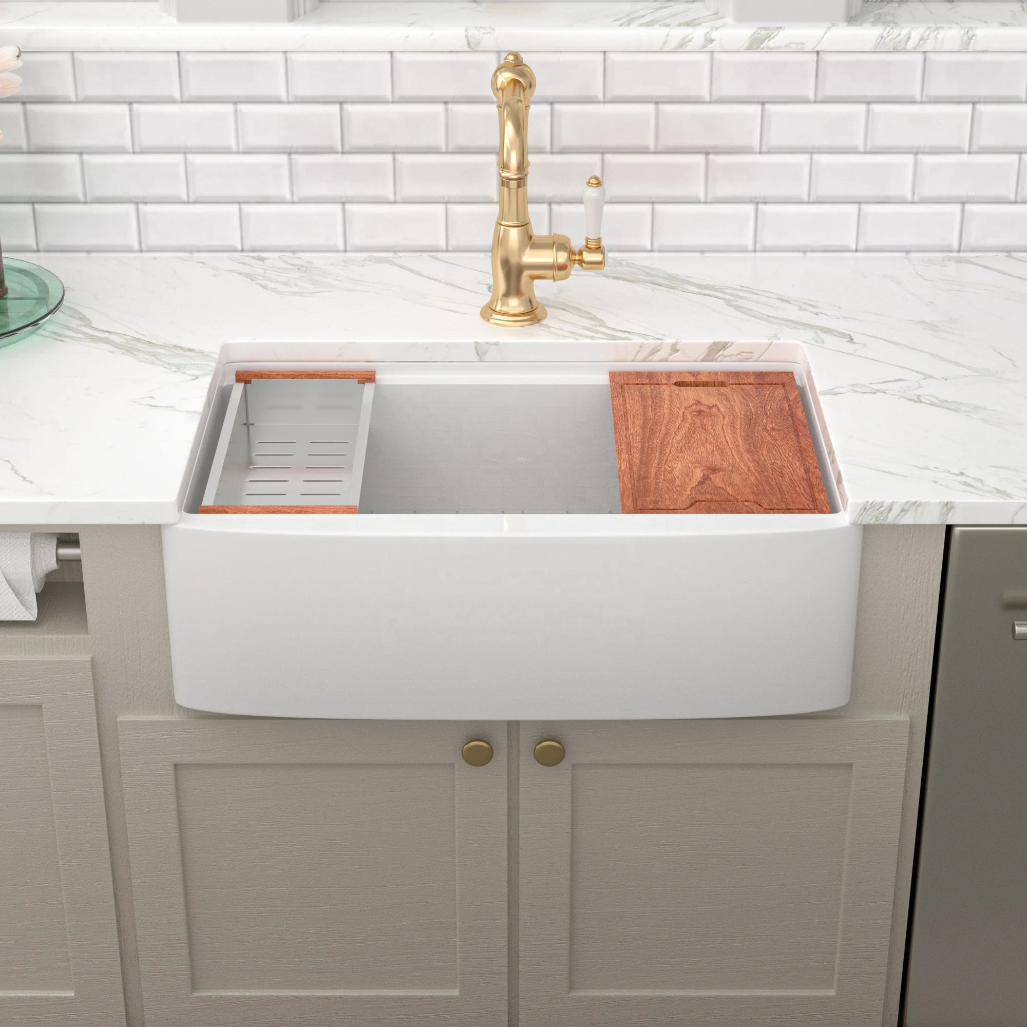 Sarlai 33 Single Bowl- White Farmhouse Sink Ledge Workstation Apron Front Ceramic Porcelain White Farmhouse Sink