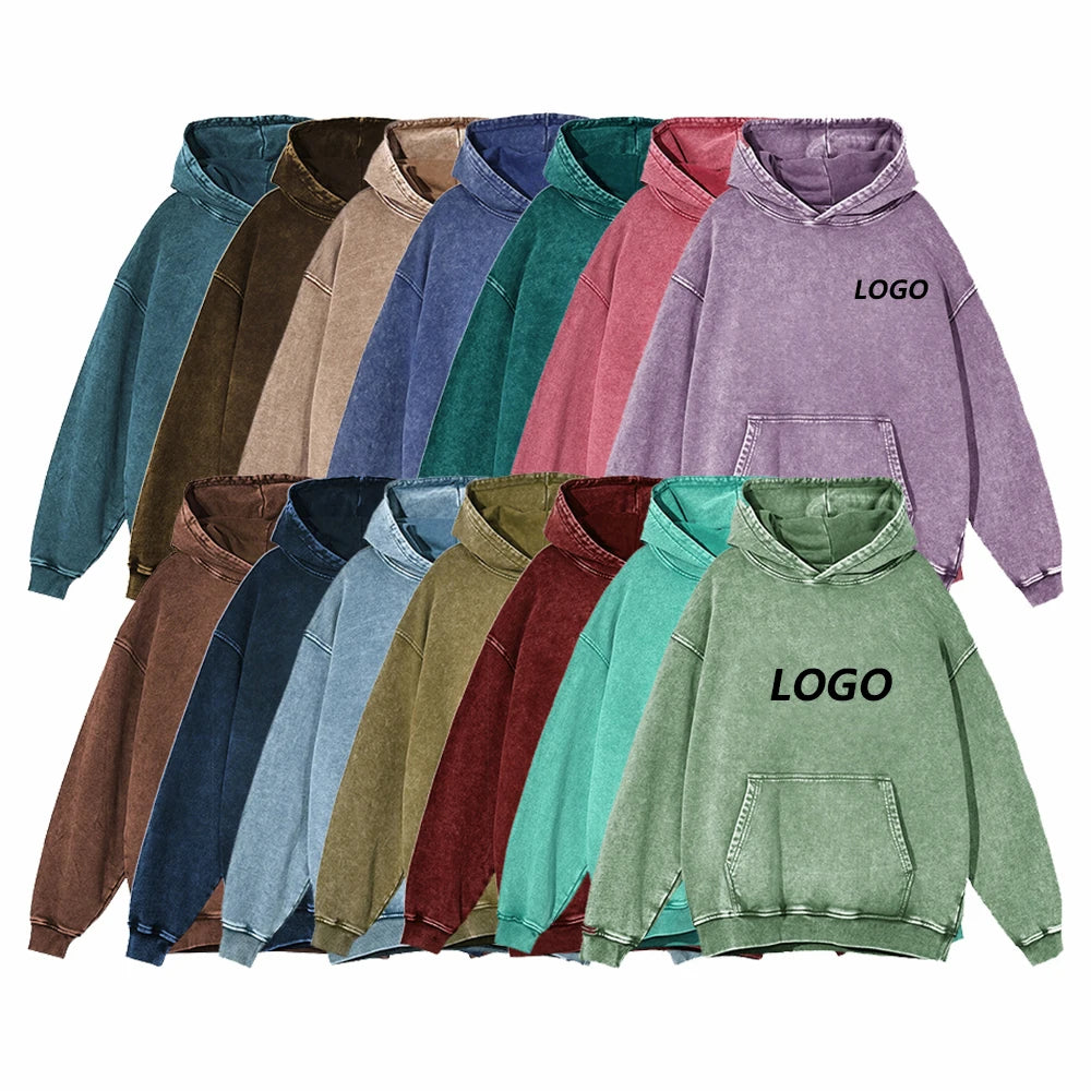 Custom Logo Heavyweight Acid Wash Embroidery Oversized Manufacturer Hoodies for Men