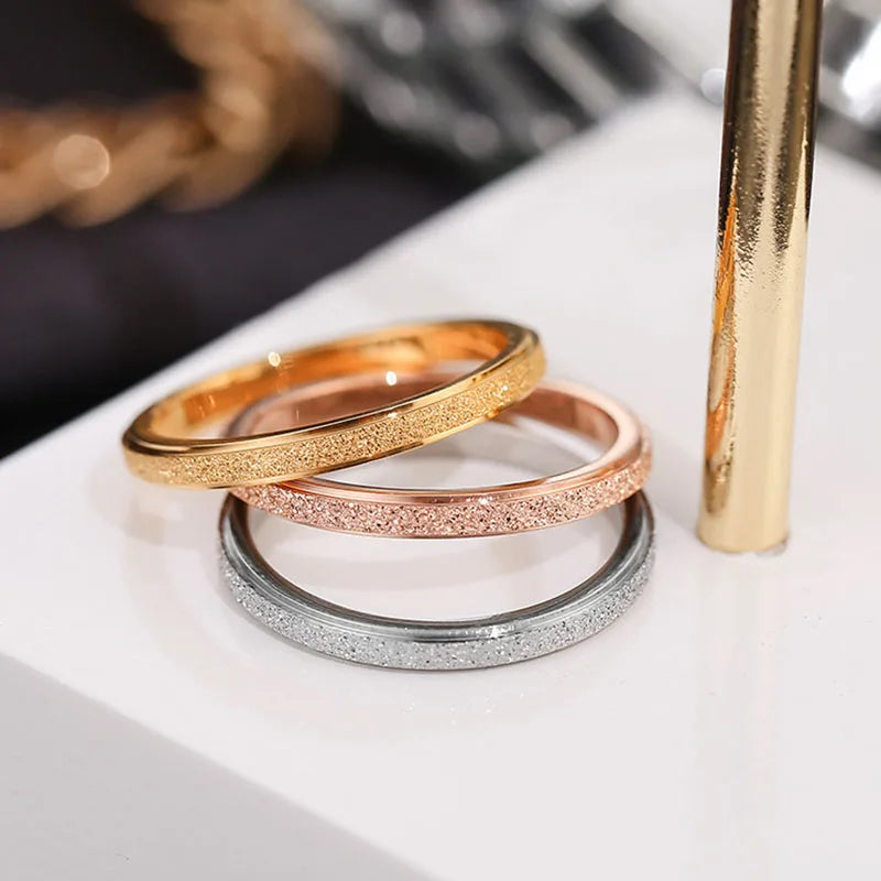 Ouj Dainty Elegant Multiple Sizes Super Thin Frosted Surface Rose Gold Plated 316L Stainless Steel Finger Rings Trendy