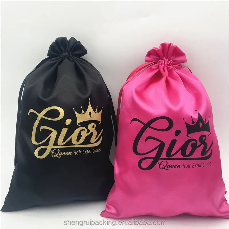 Customized Hot Pink Wig Satin Drawstring Dust Bag for Human Virgin Hair Extensions Printed Satin Bag for Cosmetics and Lashes