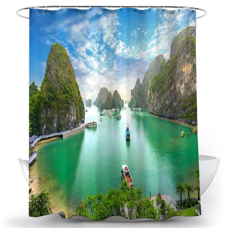 3D Forest Green Plant Mountain Spring Water Shower Curtain with Polyester Hooks Waterproof Bathroom Scenery Decorative Curtain