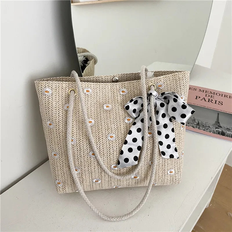 Promotion Large-capacity Straw Woven Fabric New Fashion Handbag with Flowers