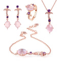 V025 Oval Natural Gemstone Pink Rose Quartz 925 Sterling Silver Earrings Ring and Necklace Jewelry Set for Women