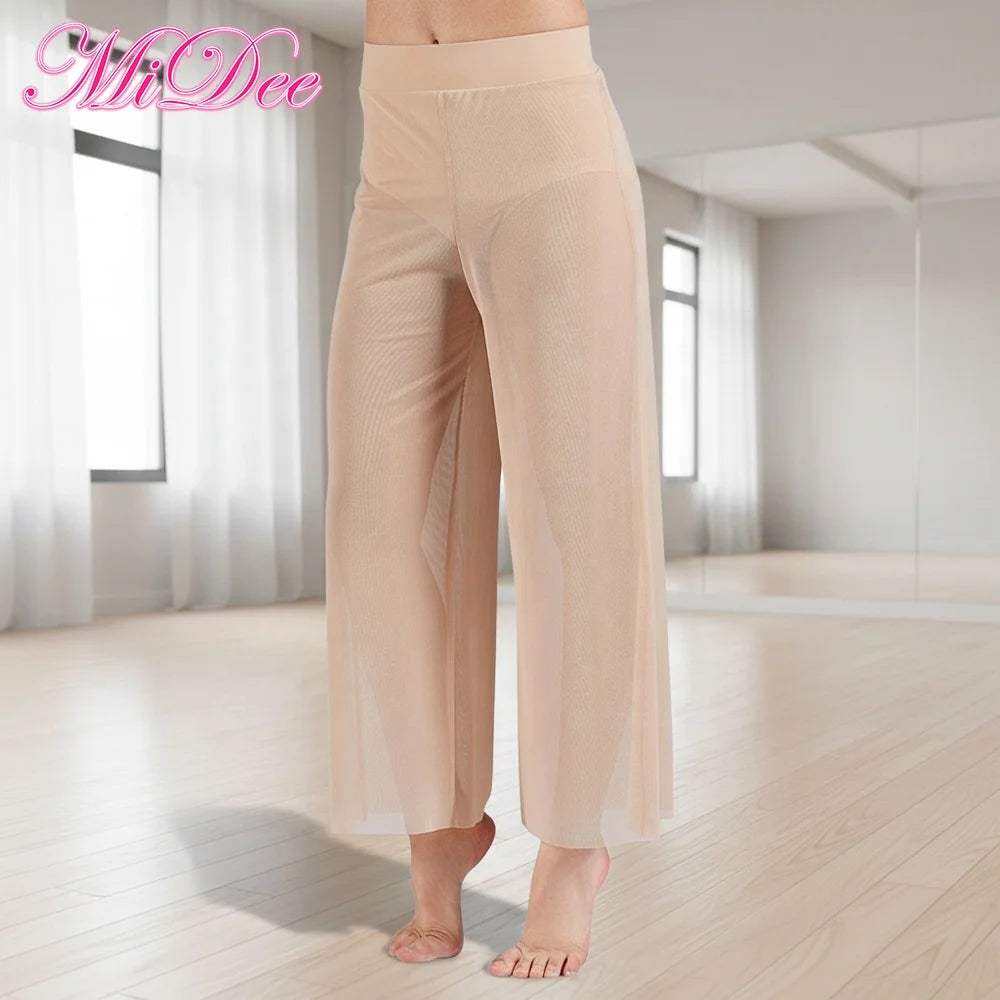 MiDee Women's Lyrical Dance Mesh Pants High Waist Wide Leg With Fixed Briefs for Stage and Training