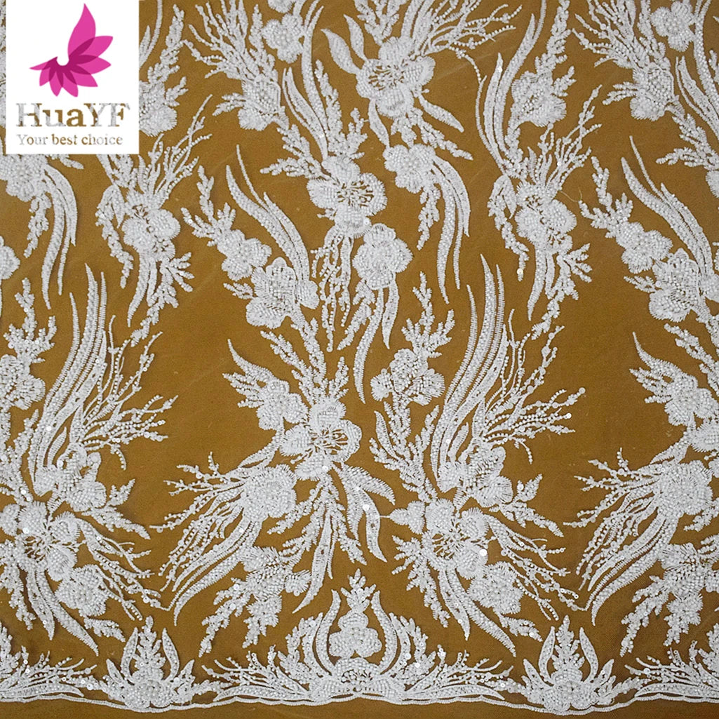 HY2584 New Design Popular White French Wedding Lace With Beads and Sequins for Women Bridal Lace Fabric