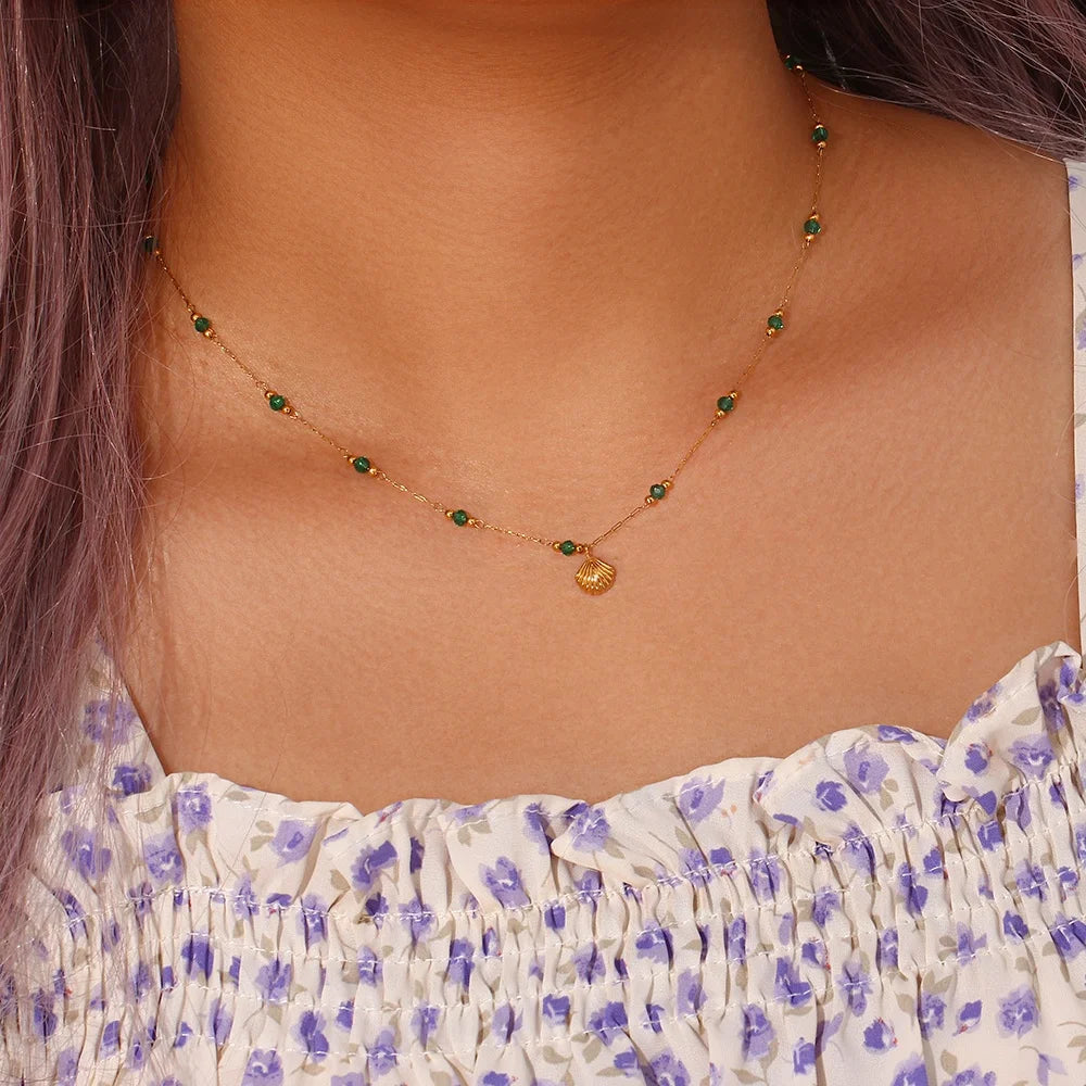 Dreamshow Dainty Acrylic Green Bead Chain 18K Gold Plated Shell Pendant Necklace for Women