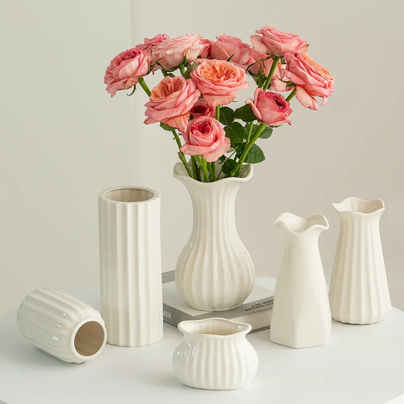 White Ceramic Decorative Flower Vase Handmade Small Home Decor Pottery Flower Vase