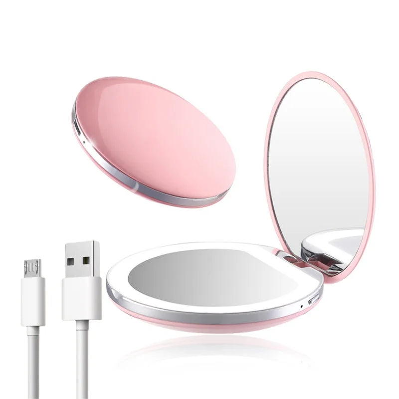 Wholesale Pocket Makeup Mirror 2X Magnifying Portable Cosmetic Mirror Rechargeable Round LED Mirror Mini Folding Mirror