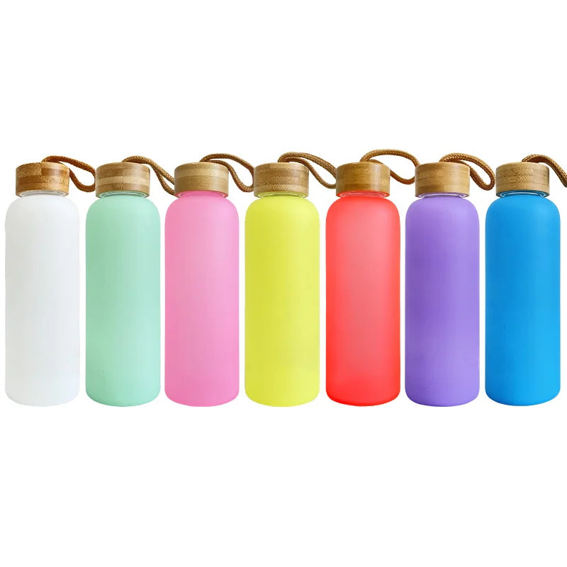 Vesub Wholesale Custom LOGO Sublimation Blanks Color Sports Travel Frosted Glass Jar With Bamboo Lid Glass Water Bottle