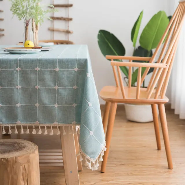 XinLan Japan Style Cotton Linen Blue Stripes Plaid Embroidered Rectangular Table Cloth Home Kitchen Decor Table Cover
