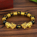 SC 12mm Black Hand Carved Mantra Bead Bracelet Golden Pi Xiu Amulet Bracelet Feng Shui Black Obsidian Bracelets for Men