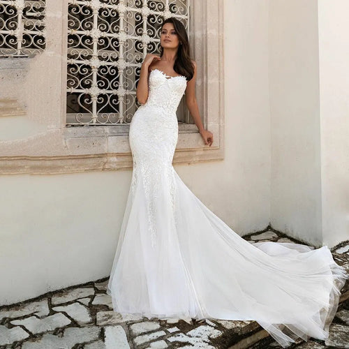 #13175 Mermaid Wedding Dress Boho Sexy Off the Shoulder Lace Appliques Open Back Bridal Dress Plus Size Vestido De Noiva