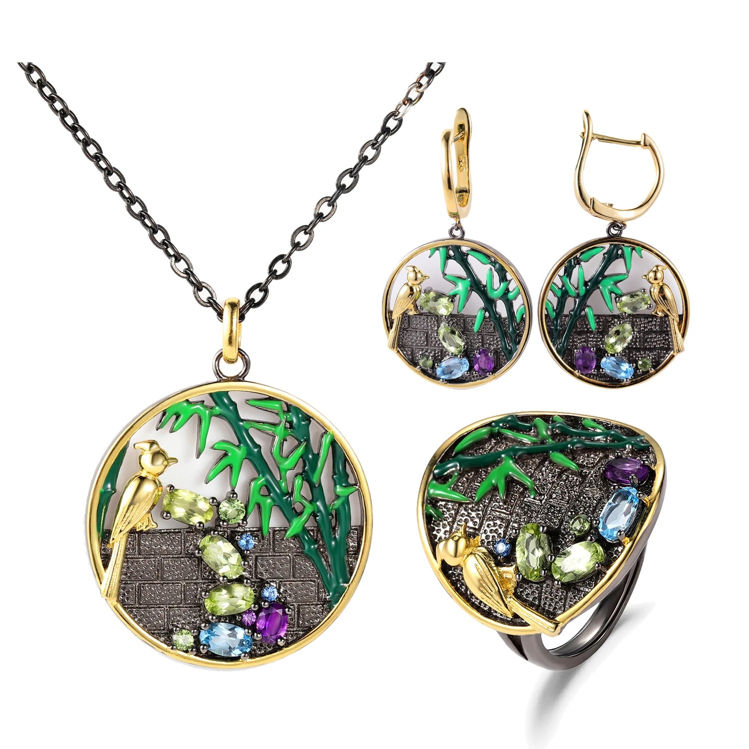 C7929 Abiding Fine Jewelry New Arrival Natural Peridot Bird Bamboo Jewellery Silver 925 Women Jewelry Wedding Set