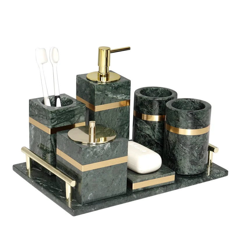 Luxury Green Marble OEM/ODM Marmol China Factory Wholesale Black Wood Marble Stone 100% Natural Hotel Bathroom Accessories Set