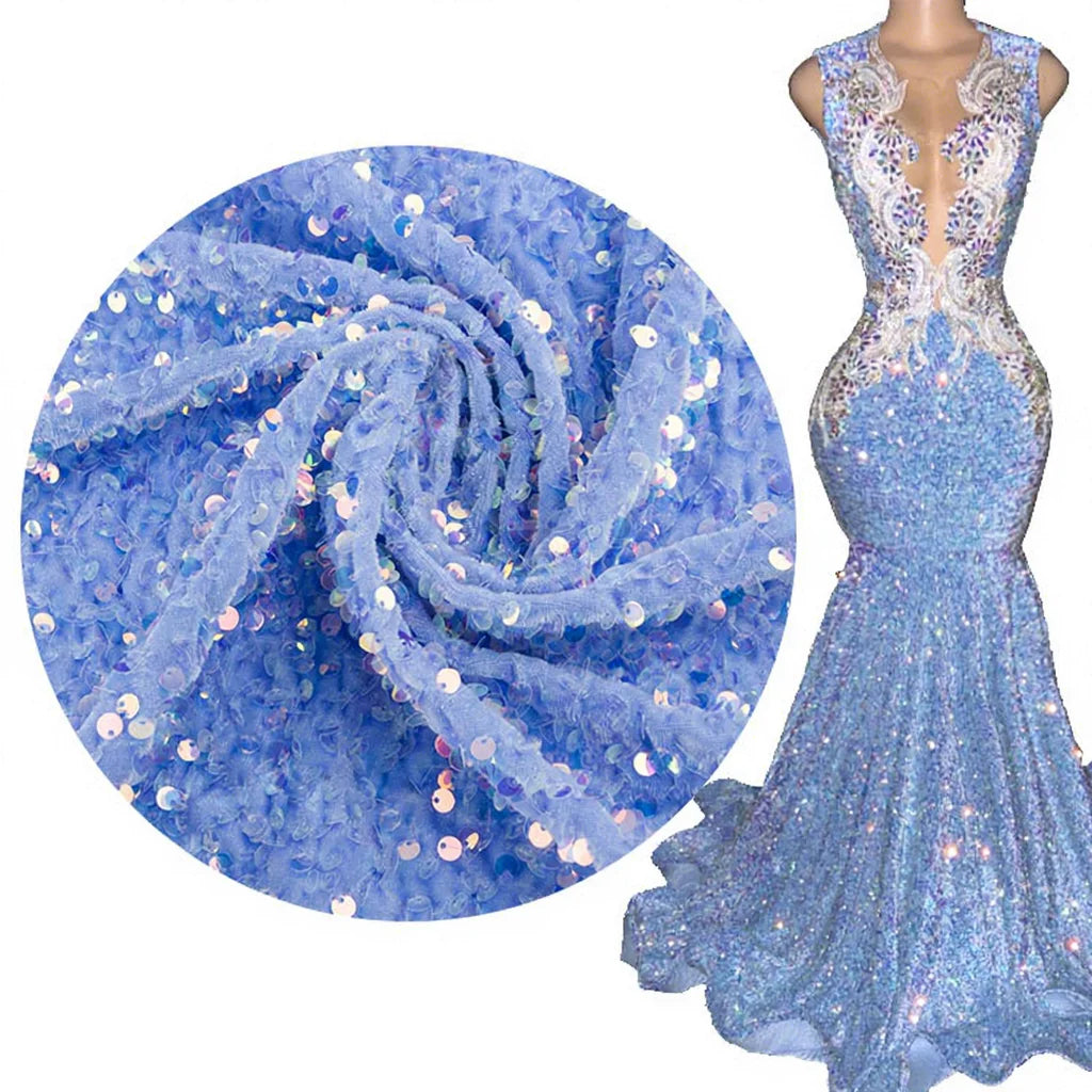 Bling Bling lace Silver Gold Navy Blue  Embroidered Wedding Party Dress Material Stretch Velvet Sequin Fabric for Clothing