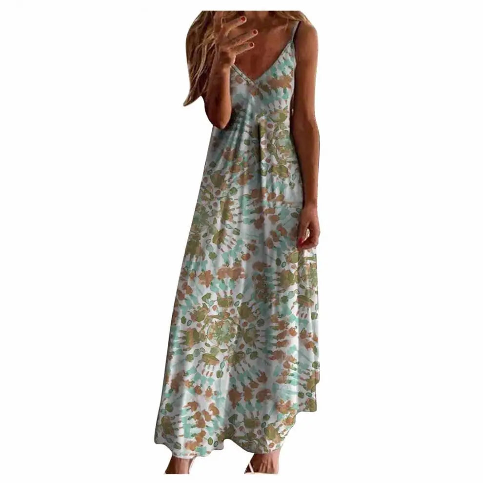 Hot Selling Women's V-Neck High Waisted Printed Loose Strap Long Dress