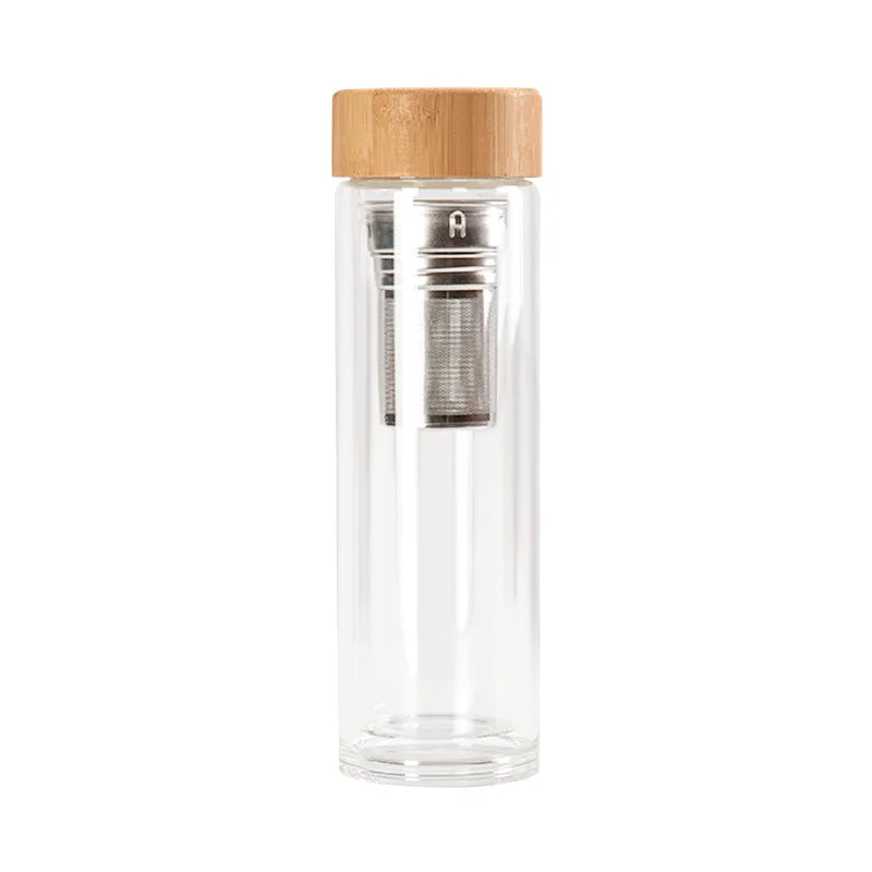 Portable Tea Cup with Infuser Bamboo Lid Heat Resistant Double Wall Glass Tea Bottle