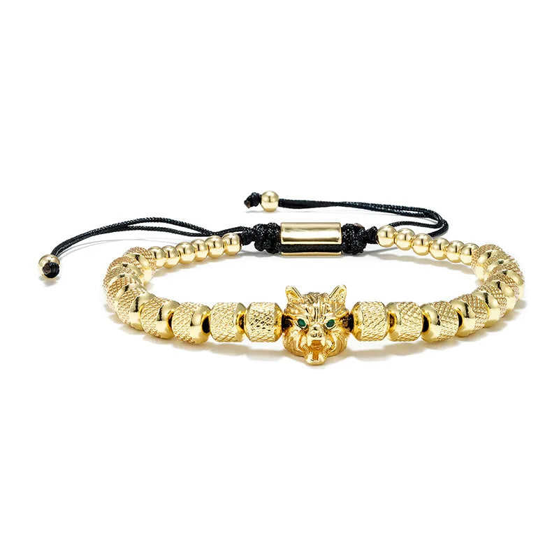 Luxury Hand Jewelry 18K Gold Plated Stainless Steel Micro Pave CZ King Crown Wolf Head Bead Macrame Wrap Bracelet Unisex Trendy