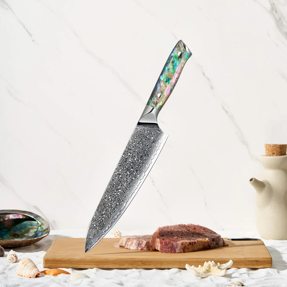 Personalized 8 Inch Kitchen Knife VG10 Chef Knife Japanese Steel Damascus Steel Chef Knife with Abalone Resin Handle