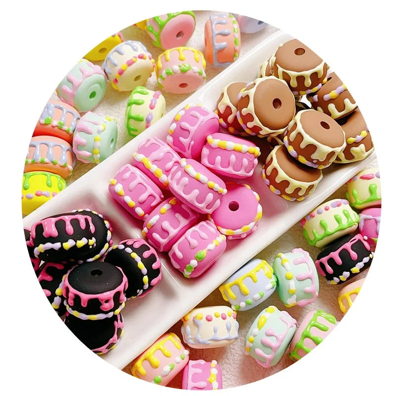 Cute Hand Painted Acrylic Cake Beads Handmade DIY Material Accessories Mobile Phone Chain Pendant Loose Beads