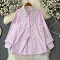 Beaded Bow Striped Shirt for Women Autumn/winter 2025 New Loose Fit Shirt Long Sleeved Top