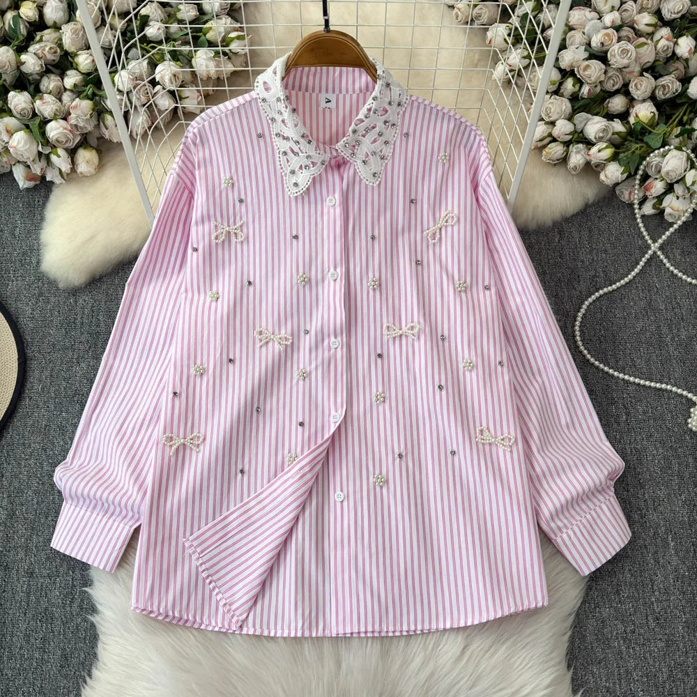 Beaded Bow Striped Shirt for Women Autumn/winter 2025 New Loose Fit Shirt Long Sleeved Top