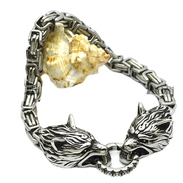 Latest Design Silver Engraved Block Chain Two Wolf Striving for Iron Hoop Biker Bracelet