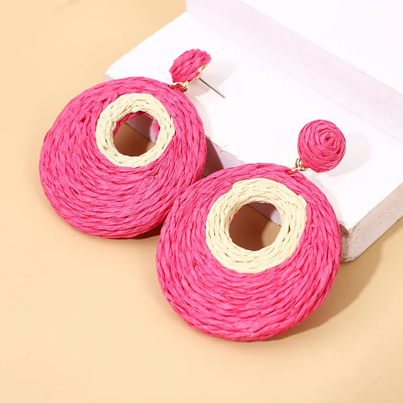 Hot Selling Vintage Raffia Rattan Round Hollow Earring Jewelry Minimalist Holiday Style Tassel Hanging Earring for Women