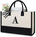 Prompt Goods Custom Classic Black and White Initial Canvas Tote Shoulder Bags 100% Cotton Made for Women