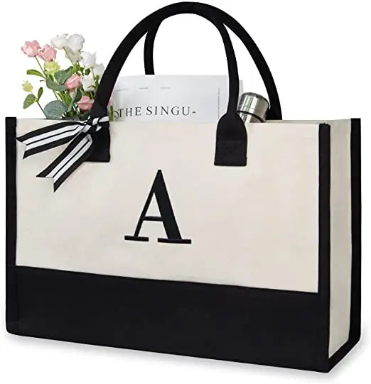 Prompt Goods Custom Classic Black and White Initial Canvas Tote Shoulder Bags 100% Cotton Made for Women