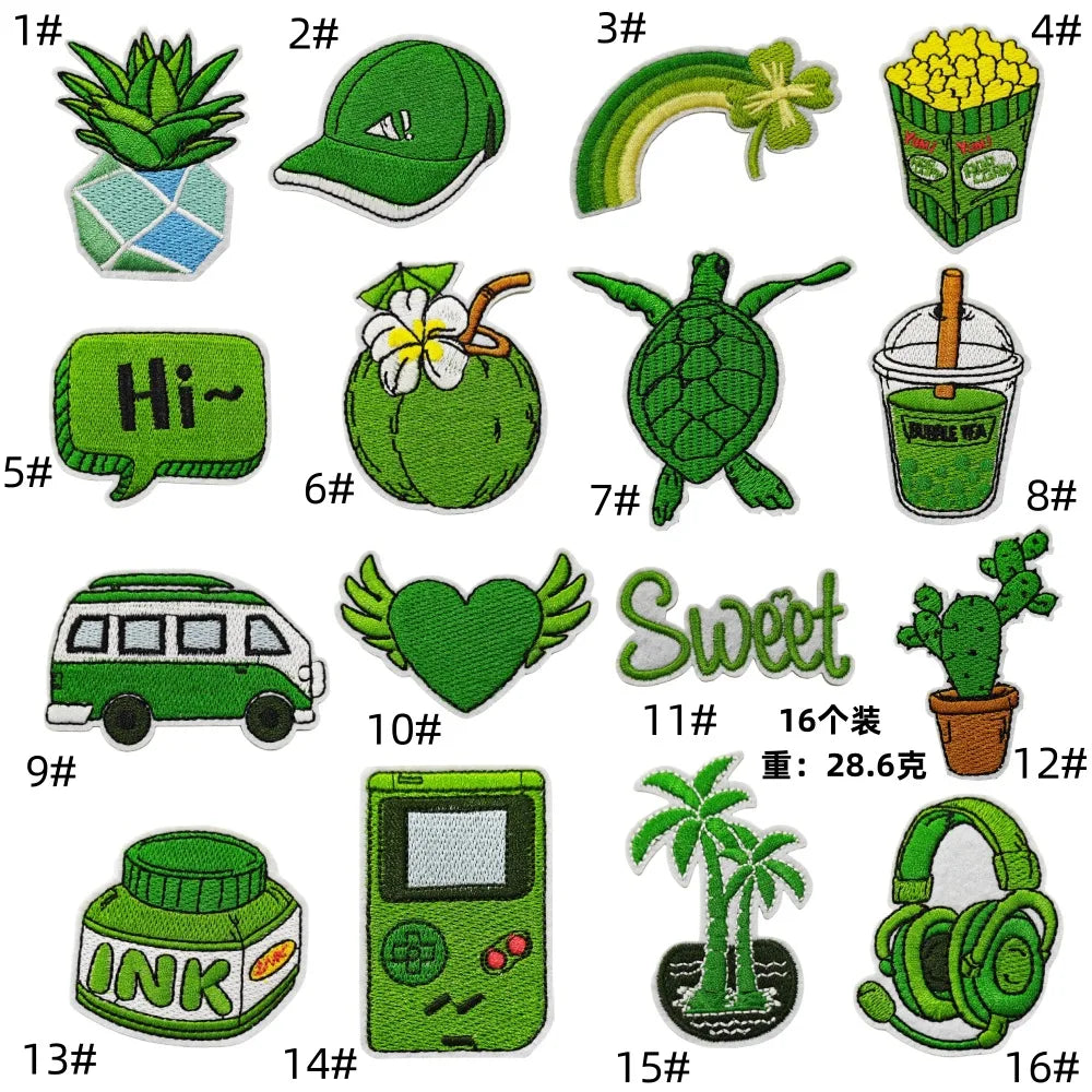 New Iron on Embroidery Green Series Cap Bus Pineapple Heart Coco Tree Patch for Decoration Gift