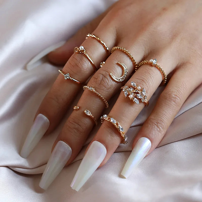 European and American Cross-border Ring Combination 10 Pieces Moon Stars Leaves love Rhinestone Joint Ring Set Wholesale