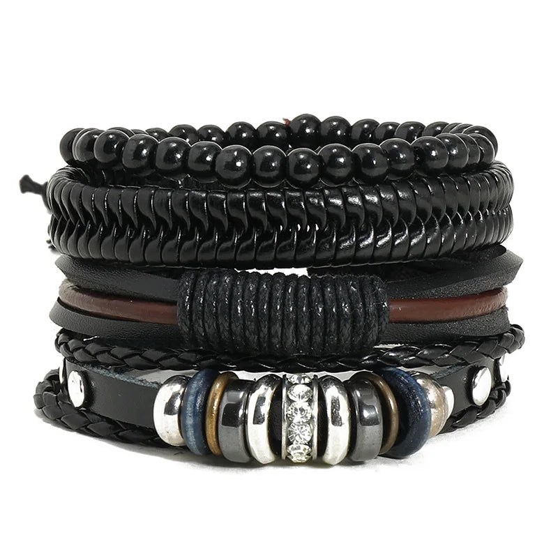 Simple Retro Set Braided Leather 4pcs/set Punk Bracelet Diy Men's Leather Bracelet Male Arm Jewelry Wholesale Pu Bracelet